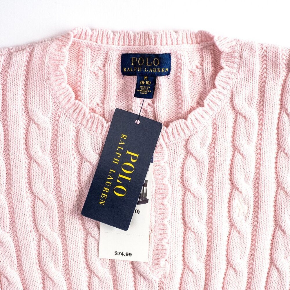 NEW Polo Ralph Lauren Girls Cable Knit Cotton Sweater Dress Pale Pink $75 M 8-10 - Picture 3 of 10